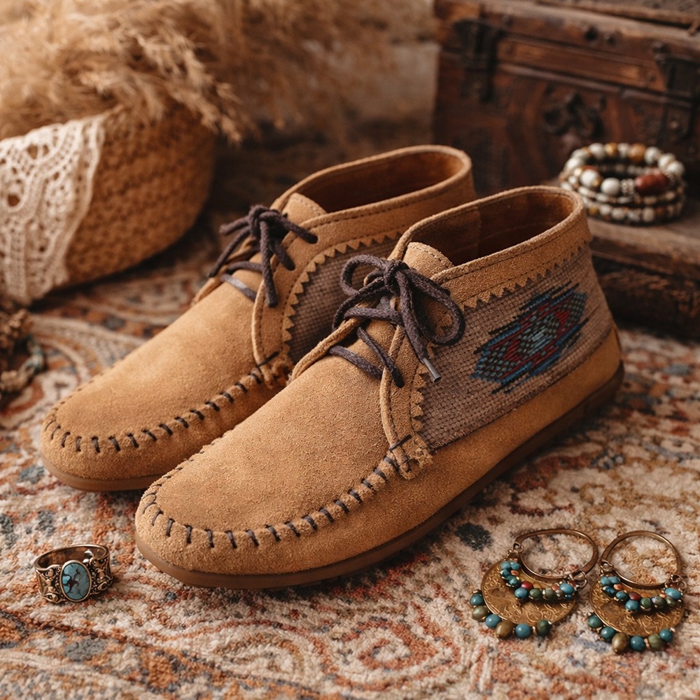 Minnetonka Moccasins Women 8.5 Suede Beaded Aztec Driving Shoes